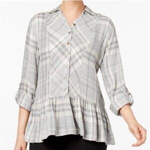 NWOT Light Grey with Flared Bottom Flannel Button Down Shirt -size S